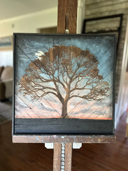 Tree at Dusk/ Cloudy Moon 19” square