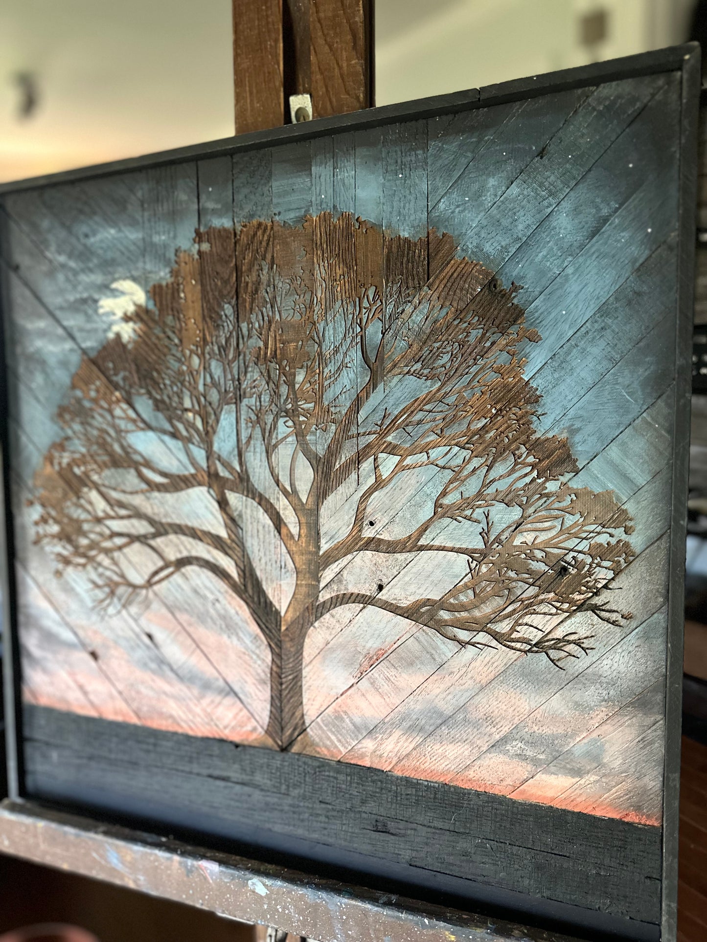 Tree at Dusk/ Cloudy Moon 19” square